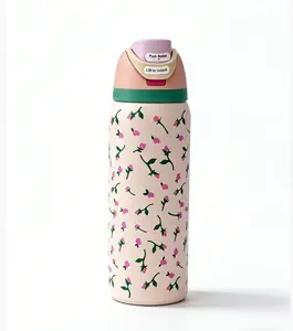 Owala 32oz Vacuum Insulated Stainless Steel Water Bottle - Stylish, Leak-Proof BPA-Free Hydration Tumbler with Straw Lid, Pink Rose Bud Print, Black Polycryl Handle, Cow Plaid-Floral Anime Cover; Leak Resistant Tumbler for School, Travel