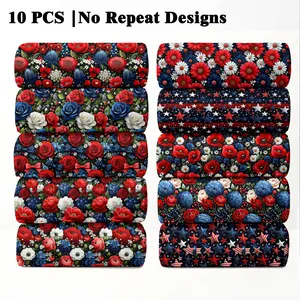 10PCS Bold Americana Floral Fabric, 23x55cm (9x22in) Classic Patriotic Flower Pattern Quilting Fabric for US Theme Home Decor, DIY Quilting & Sewing Crafts