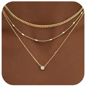 Layered Gold Necklaces for Women, 14k Sterling Silver Plated Pendant Set, Chunky Cuban Chain Choker with Birthstone Jewelry