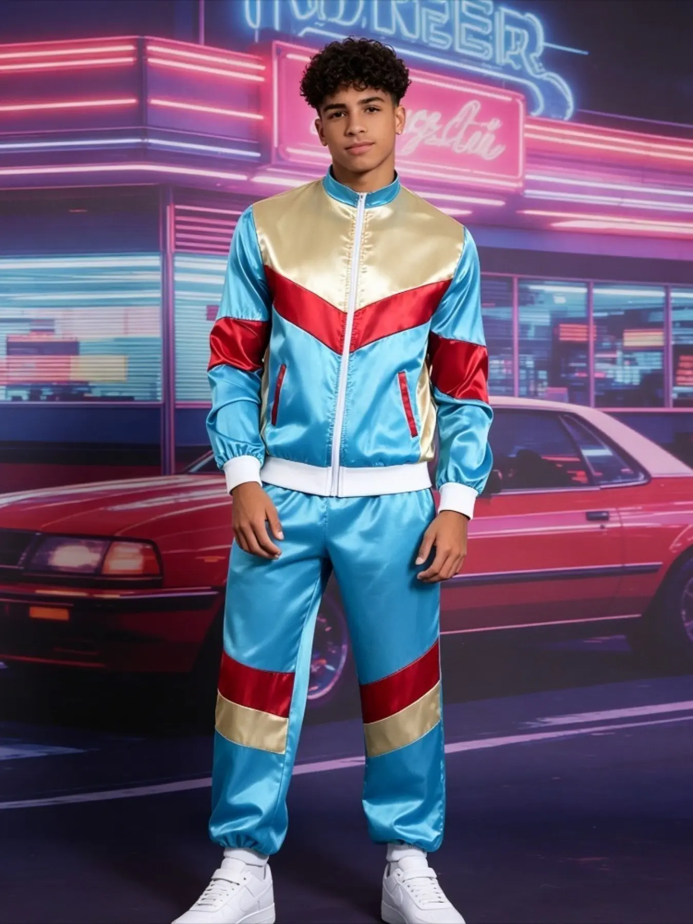 80s Retro Photo Shoot Tracksuit | Vintage Disco Jogger Set with Color Block Zip Jacket + Side Stripe Pants | Fluorescent Outfit for 80s Themed Photoshoot