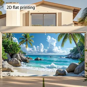 Tropical Beach Scene Garage Door Banner, Large Fabric Outdoor Decor Featuring Palm Trees and Waves, Ideal for Weddings, Parties, and Photoshoots, Wedding Party Backdrop