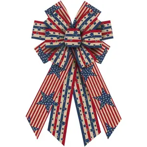 Large 4th of July Patriotic Bows for Wreath, Memorial Day Wreath Bows Blue  Burlap Bows  Stars Stripes Tree Topper Bows for Front Door Decorations Supplies