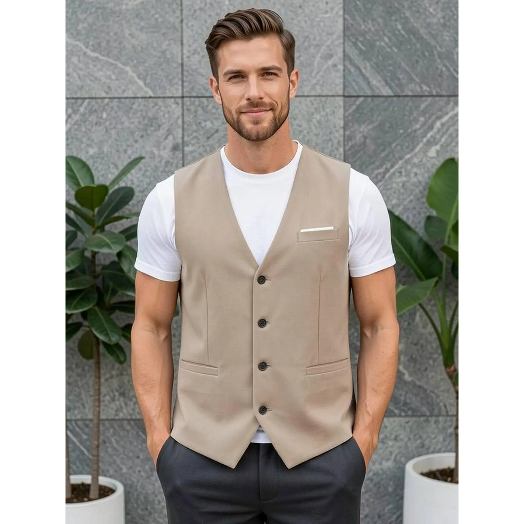 Men's Classic Single-Breasted Waistcoat, Plain Button-Front Sleeveless Design for Formal Workwear and Evening Events, Evening Wear