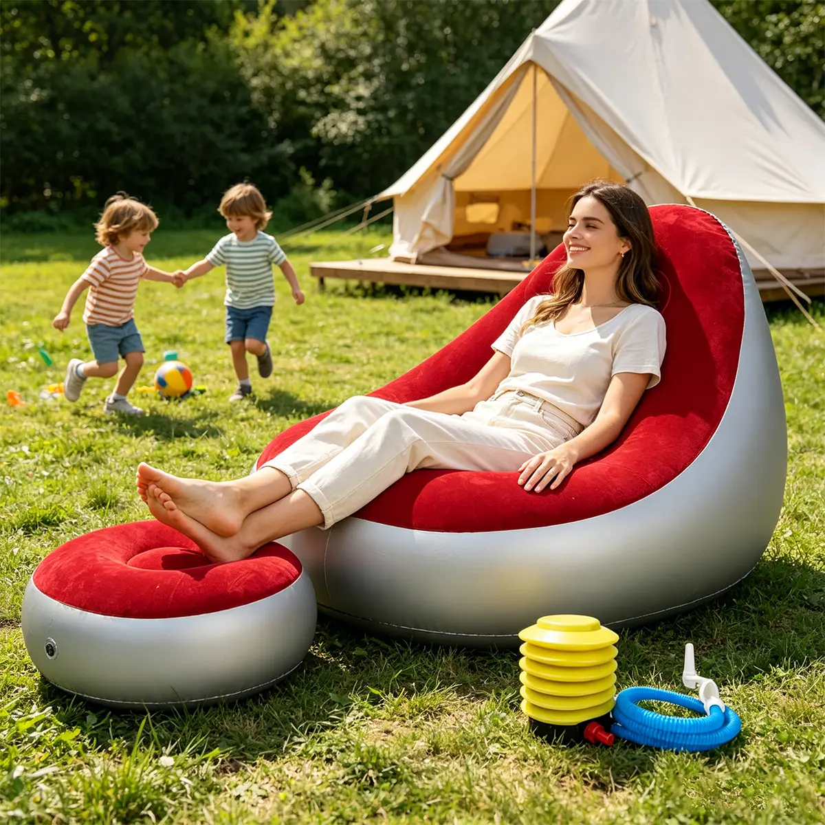 Adult Inflatable Recliner Sofa with Footstool Set - Heavy-Duty Folding Chairs, Portable Foldable Air Cushion Chair, Plush Leisure Seating, Space-Saving, Indoor/Outdoor Use, Includes Portable Air Pump