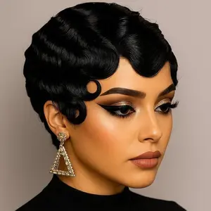 Finger Wave Wig 180 Density 100% Human Hair Natural Black for Women Classic Wave Design Versatile Hairstyle Machine Made Natural Wave Pattern Fluffy Wave Wig Wavy Wigs, Glueless Wigs
