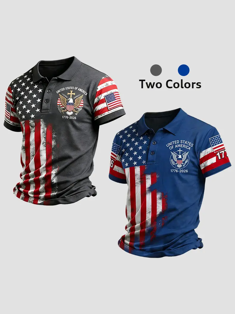 Men's Patriotic Polo, Fitted Shortsleeve Polyester Construction, Menswear with American Flag Graphic