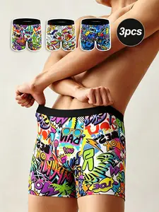 3-Pack Men's Long Boxer Briefs, Street Graffiti Print, Breathable, Punk Style, Loose-Fit, All Seasons, Comfortable Hip-Hop Underwear