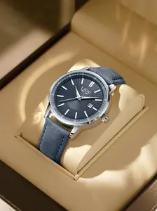Men's Elegant Quartz Watch, Business Style Analog Wristwatch, Modern Fashionable Wristwatch, Modern Trendy Watch, Round Dial Blue Color, Alloy Case, Buckle Closure, Perfect Gift
