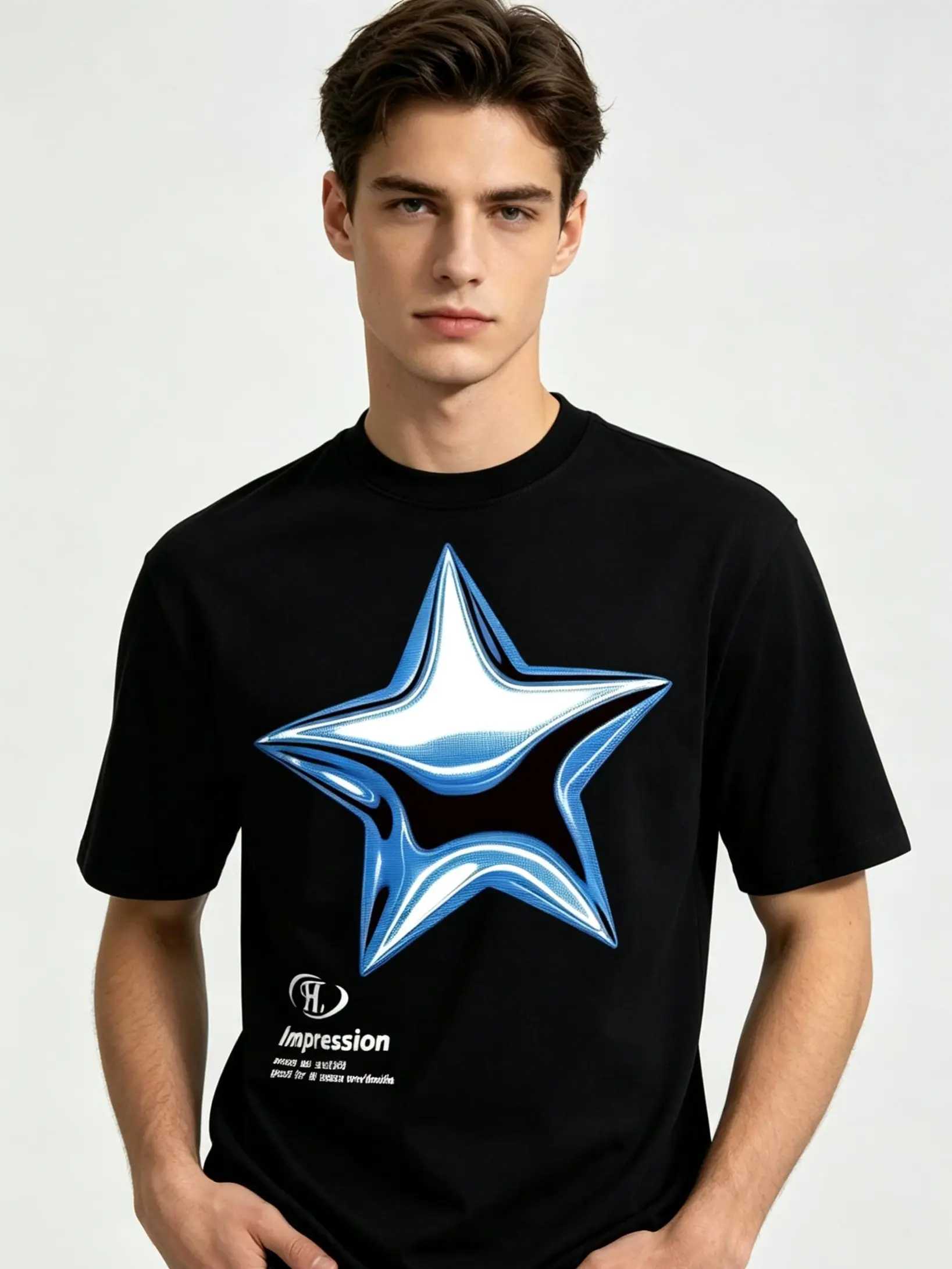 Unisex Metallic Blue Star Double Sided Print Crew Neck , Oversized Loose Pure Cotton Short Sleeve Tee, Y2K Retro Streetwear Casual Summer Top for Men Women gift