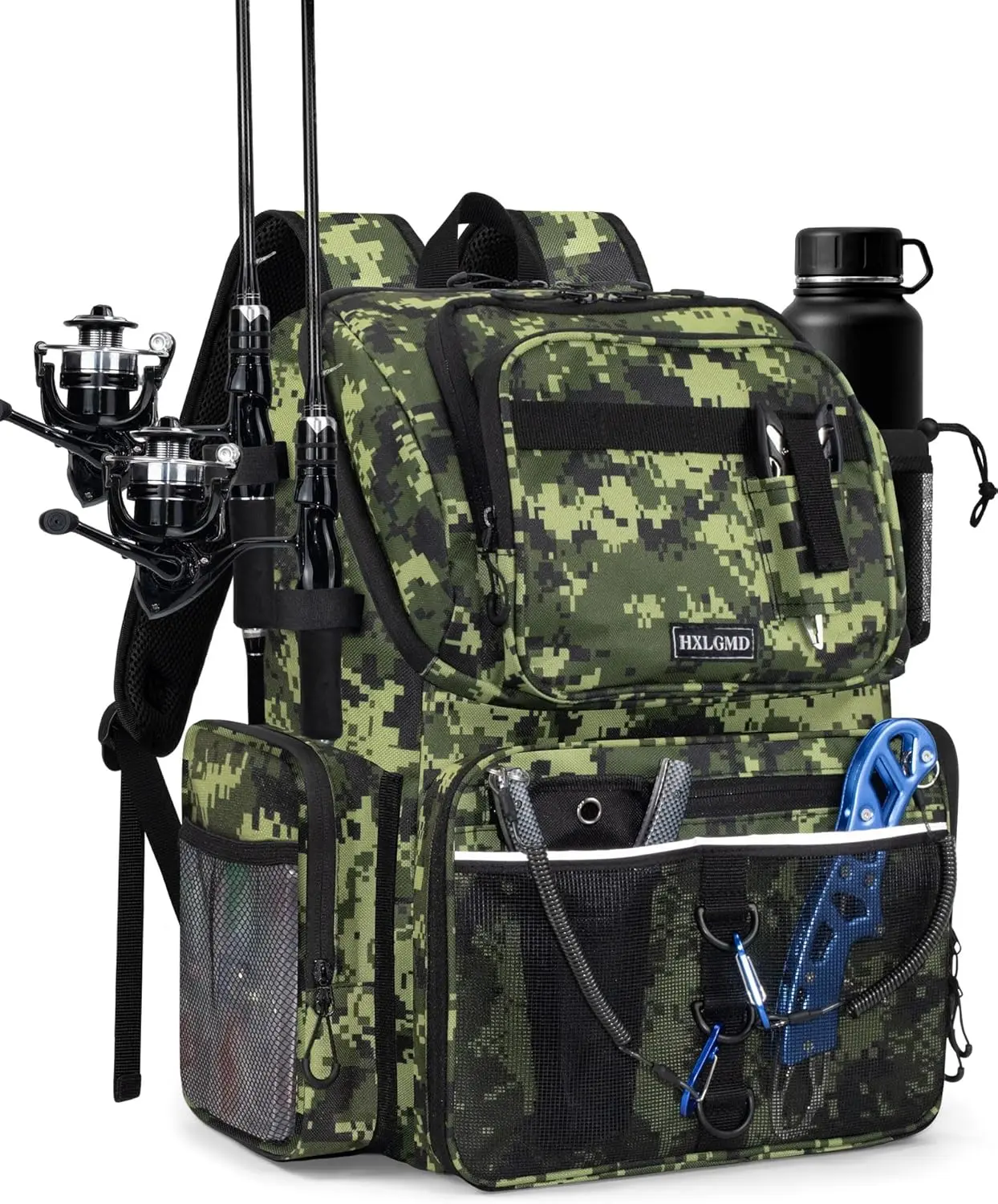 HXLGMD 43L Fishing Backpack Hiking Bag - Waterproof Coating Polyester Tackle Bag with Rod Holders, Split Zone, Dry Gear Coating, Breathable Foam Padding, Cooler Pocket for Men’s Outdoor Fishing