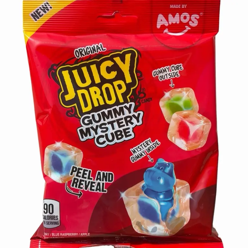 Amos Juicy Drop Gummy Mystery Cube - Cherry-Blue Raspberry-Apple Flavored Gummy Cubes