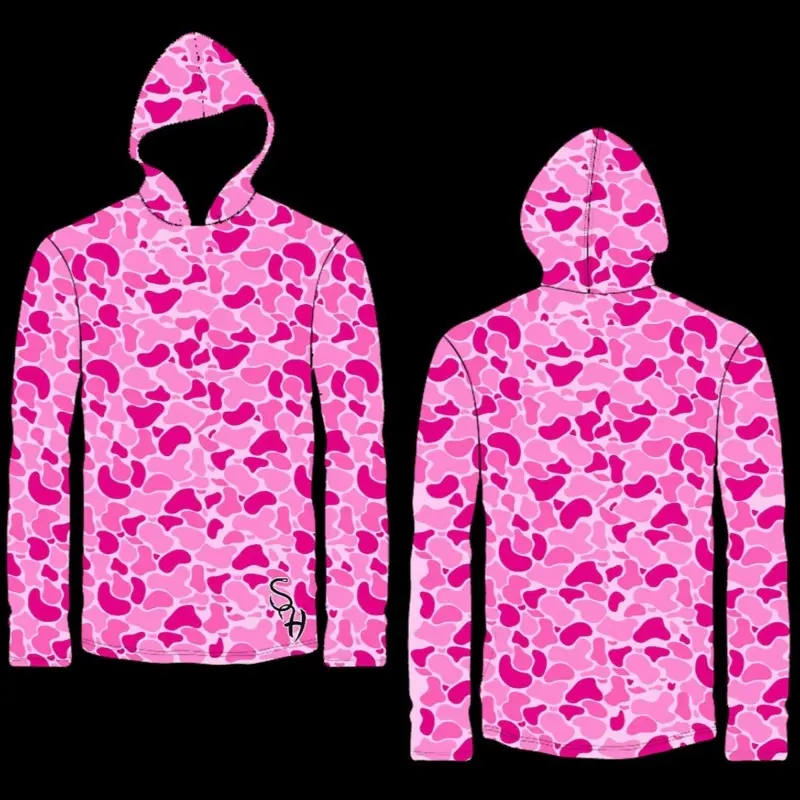 Pink Camo Hooded Dri Fit Fishing Shirt with Unique Camouflage Pattern and Hood Design