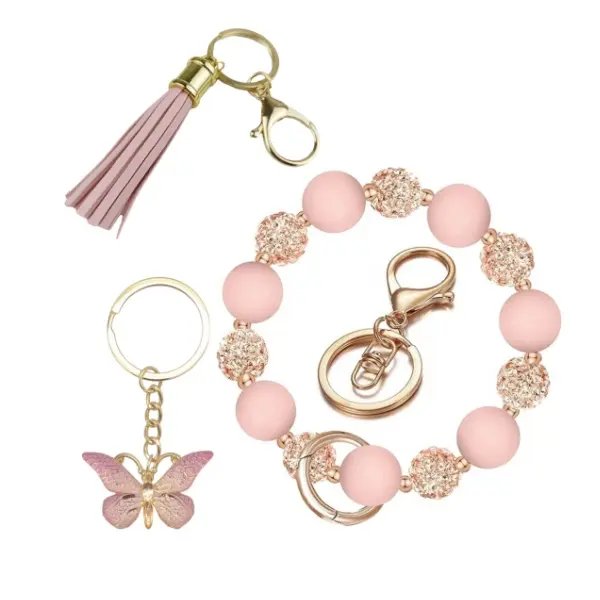 Wristlet Keychain Set, Silicone Beaded Wrist keychain with Key Ring for Women, Elastic Keychain Bracelet