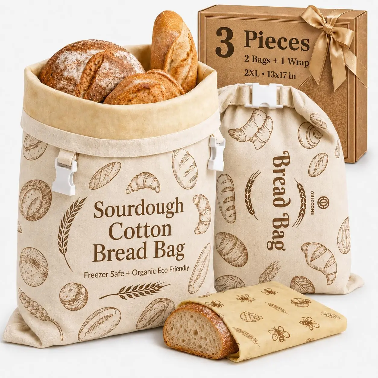 Cotton Beeswax Bread Bags for Sourdough - 3 Pack Reusable 2XL Set with Beeswax Wrap & Buckle Closure, Freezer Safe, Eco-Friendly Organic Storage for Homemade Bread & Artisan Loaves