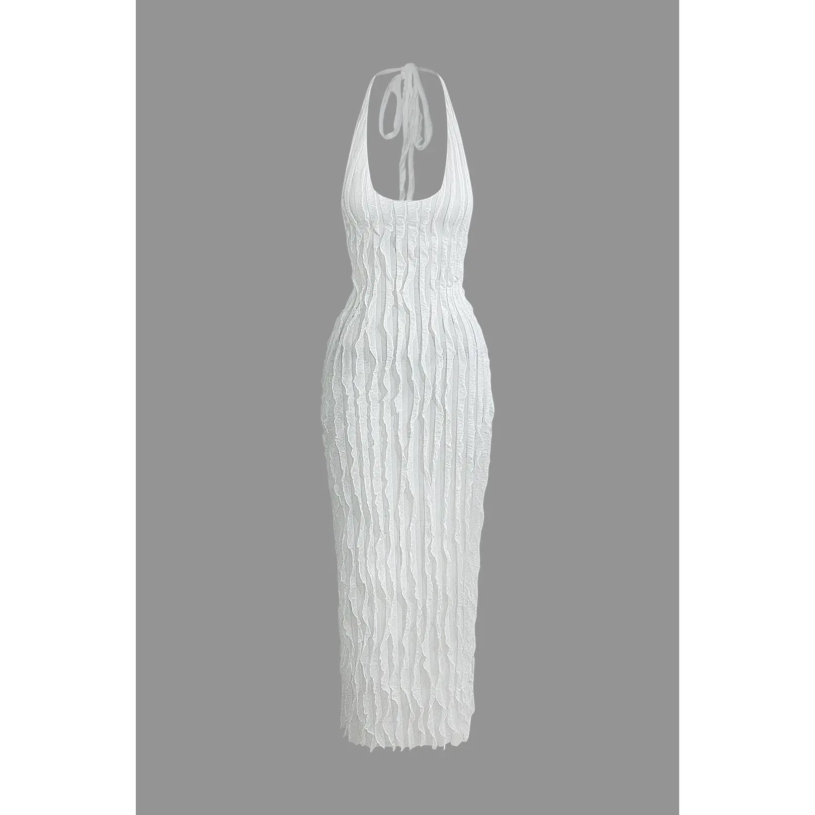 Women's Fitted Sheer Ruffle Texture Halter Backless Casual Maxi Dress - Polyester Mesh Fabric