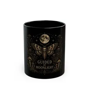 11oz Glossy Ceramic Coffee Mug - Moonlight-Guided Moth Design, Washable Celestial Gothic Drink Cup, Moonlit Botanical Drinkware black