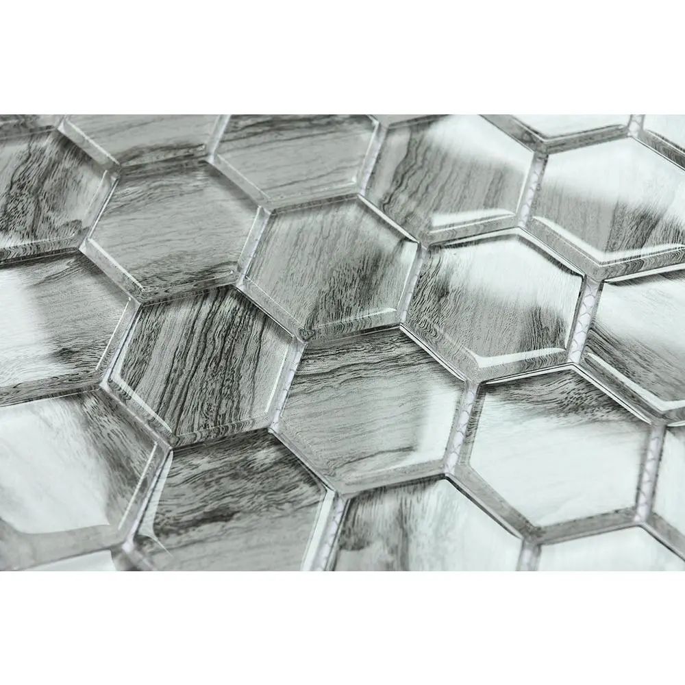 Grey Wood-Look 2” Hexagon Geometric Mosaic Ceramic Tile, Home Improvement Building Supplies for Roofing & Flooring, Geometric Mosaic Ceramic Tiles, Hexagonal Pattern Ceramic Tiles