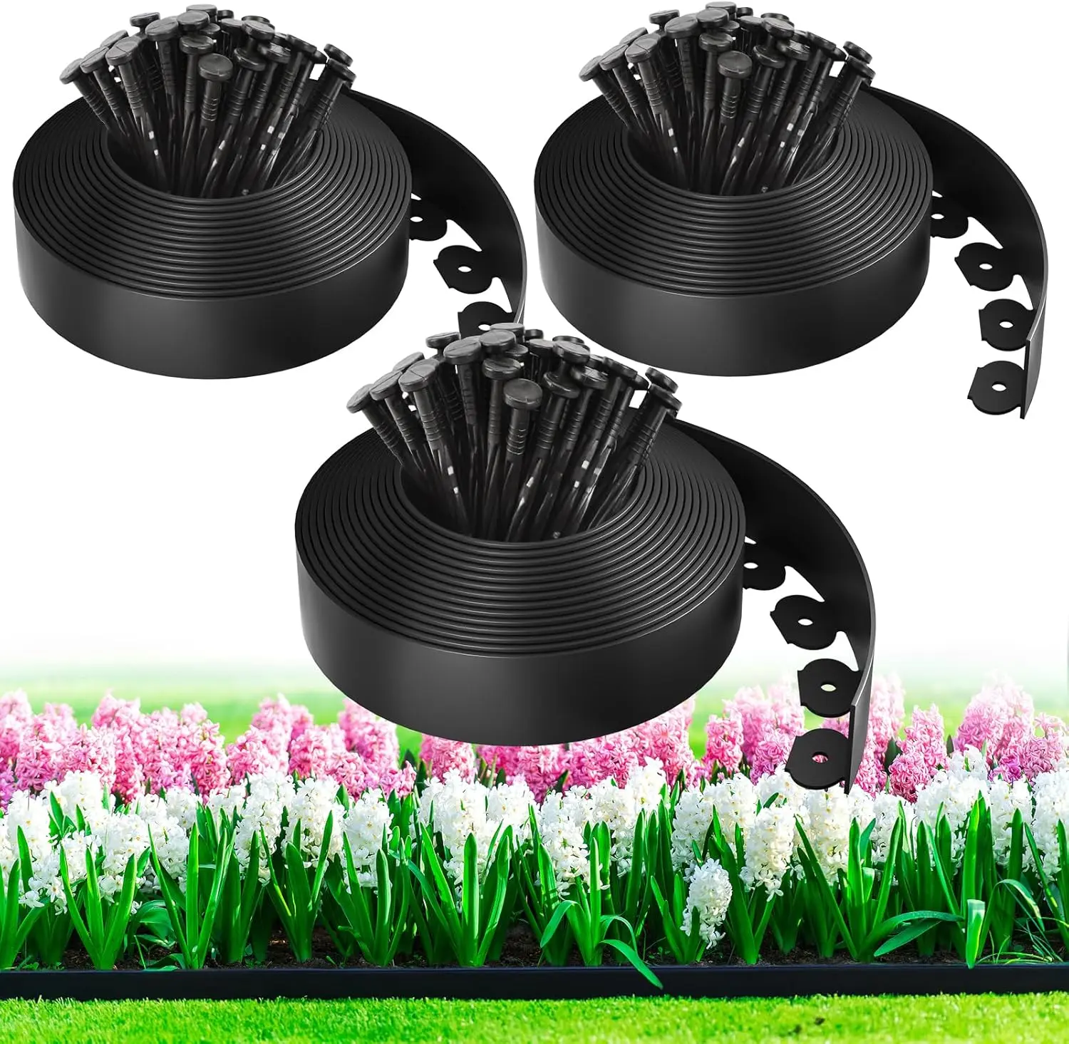 Davyline 100ft, 1.5-in Tall Landscape Edging Kit with 150 7" L Spikes, Not Digging Flexible Plastic Edge Border for Landscaping, Lawn, Garden, Flower Beds, Yard, Paver Black Color