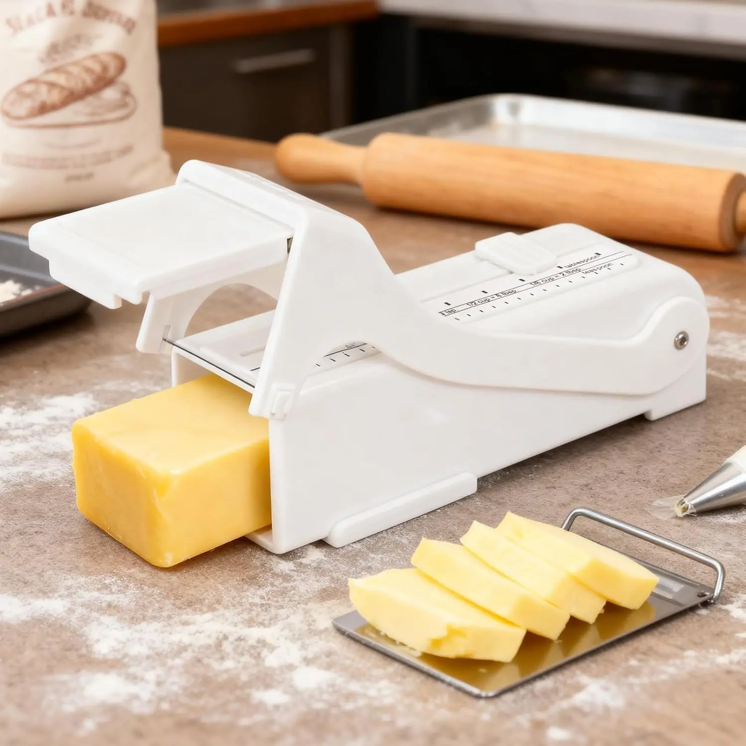 2-in-1 Butter & Cheese Cutter Adjustable Stainless Steel Wire Slicer for Block Cheese Butter Soft Food Portable Kitchen Measuring Dispenser for Renters Home Cooks Young Families Kitchen Tools