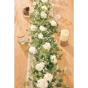 2PCS 5.91FT Artificial Eucalyptus Garland with Flowers - Faux Rose Gypsophila Greenery for Wedding and Home Party Table Runner Decor (White)