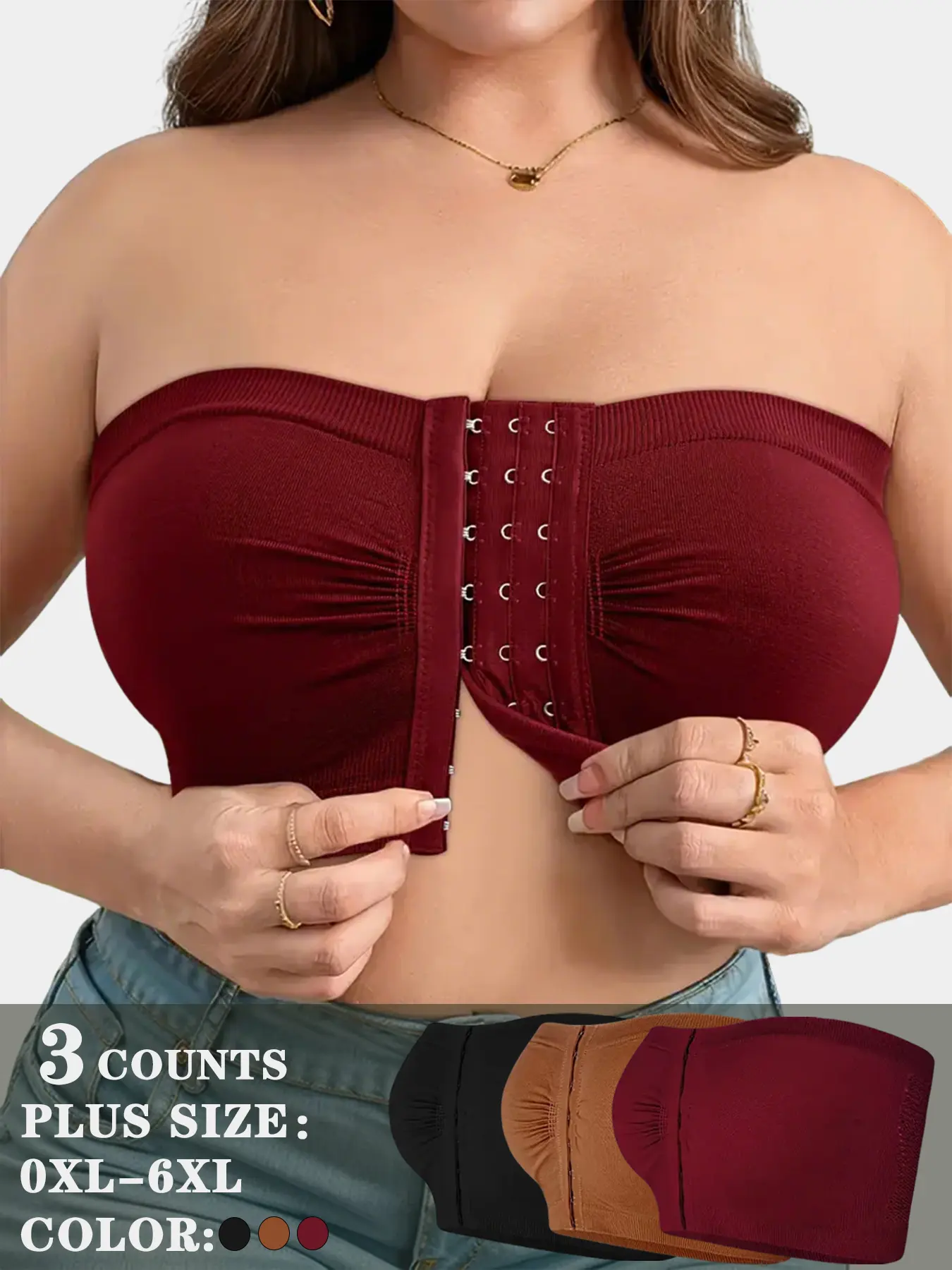 1/2/3/4/5-Pack Plus-Size Strapless Bras, Front-Closure Design with Stretchy Ribbed Soft Wireless Support, Comfortable Chic Daily Wear Bandeau Underwear (0XL-6XL)