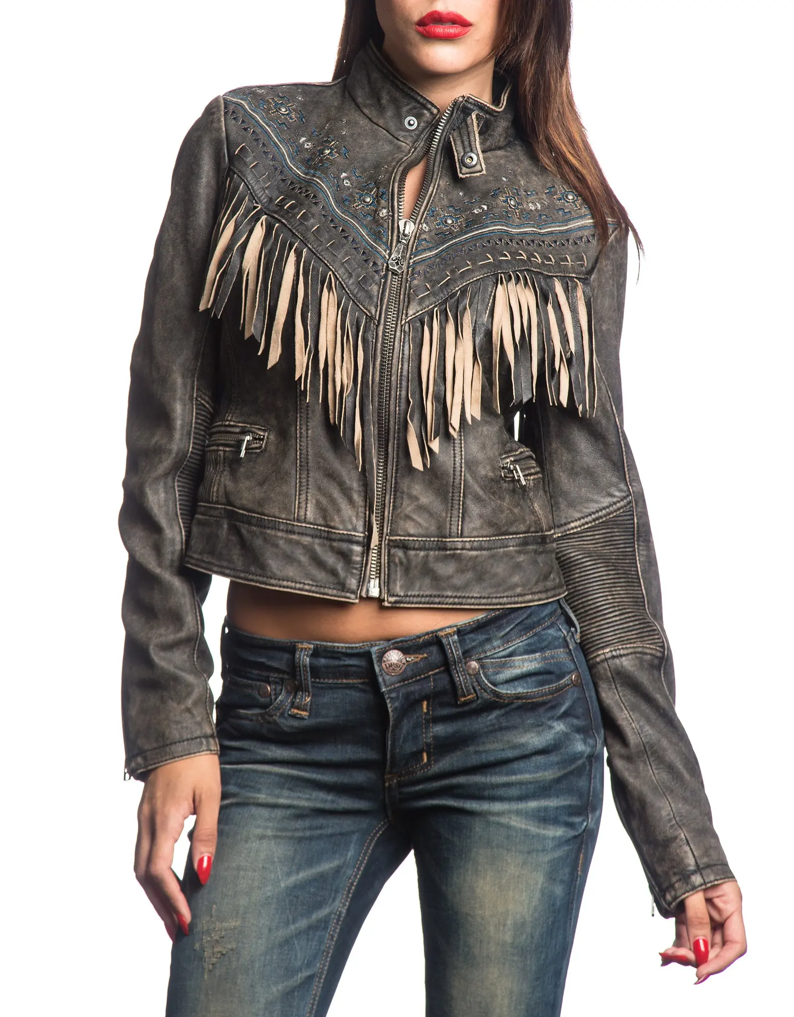 Affliction Women's Lost Love Moto Jacket in Genuine Leather, a Limited Edition Top with Embroidery, Rivets, and Fringes, Tops, Lady, Fitted, Real Leather, Biker, Banded, Bf, Button, Rib, Zip