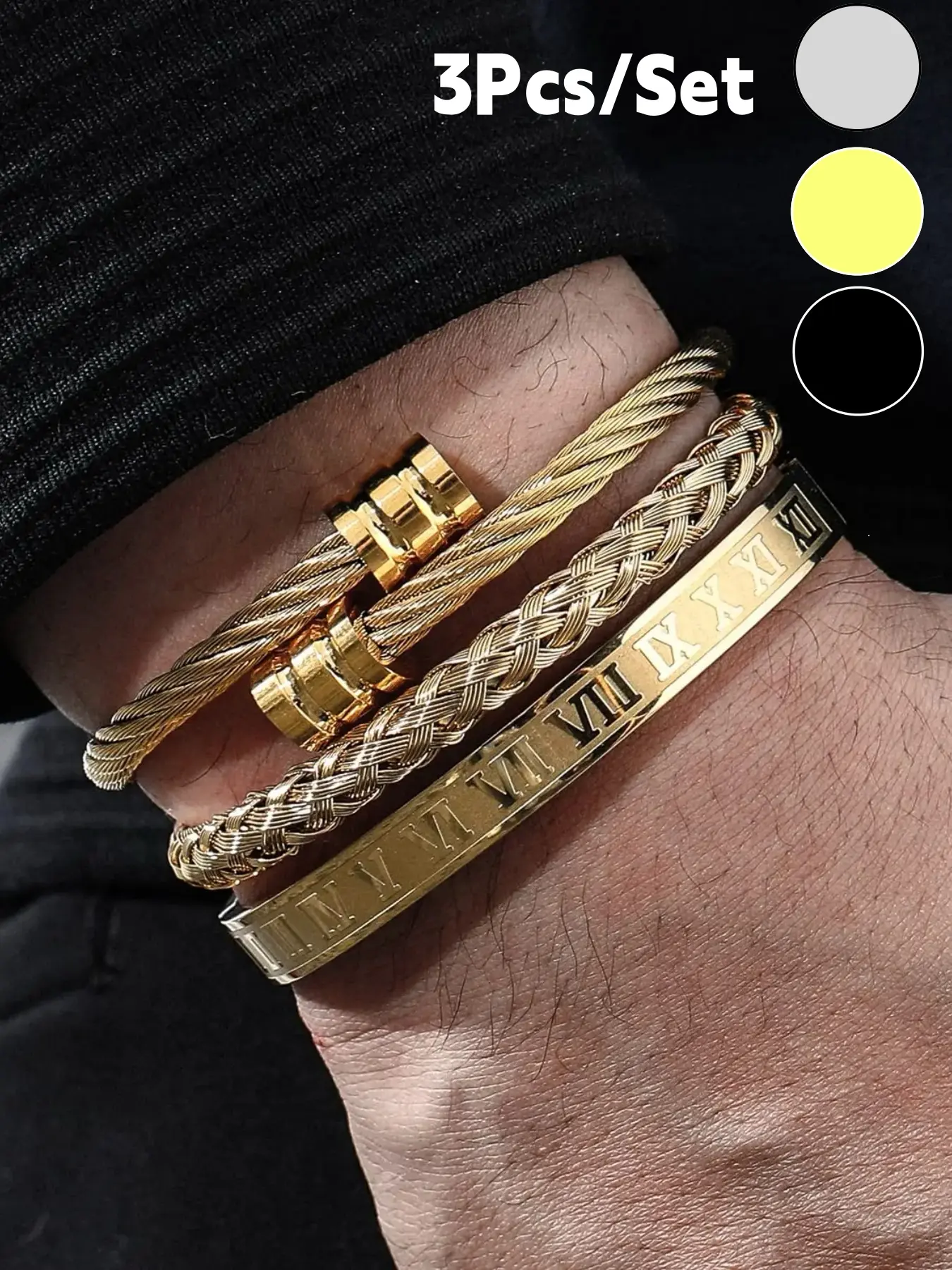 3Pcs/Set Stainless Steel Bracelets for Men Cool Gold Roman Numeral Bangle Bracelet Twisted Cable Bracelet Adjustable Cuff Bracelet Mens Luxury Jewelry Bracelets Gifts