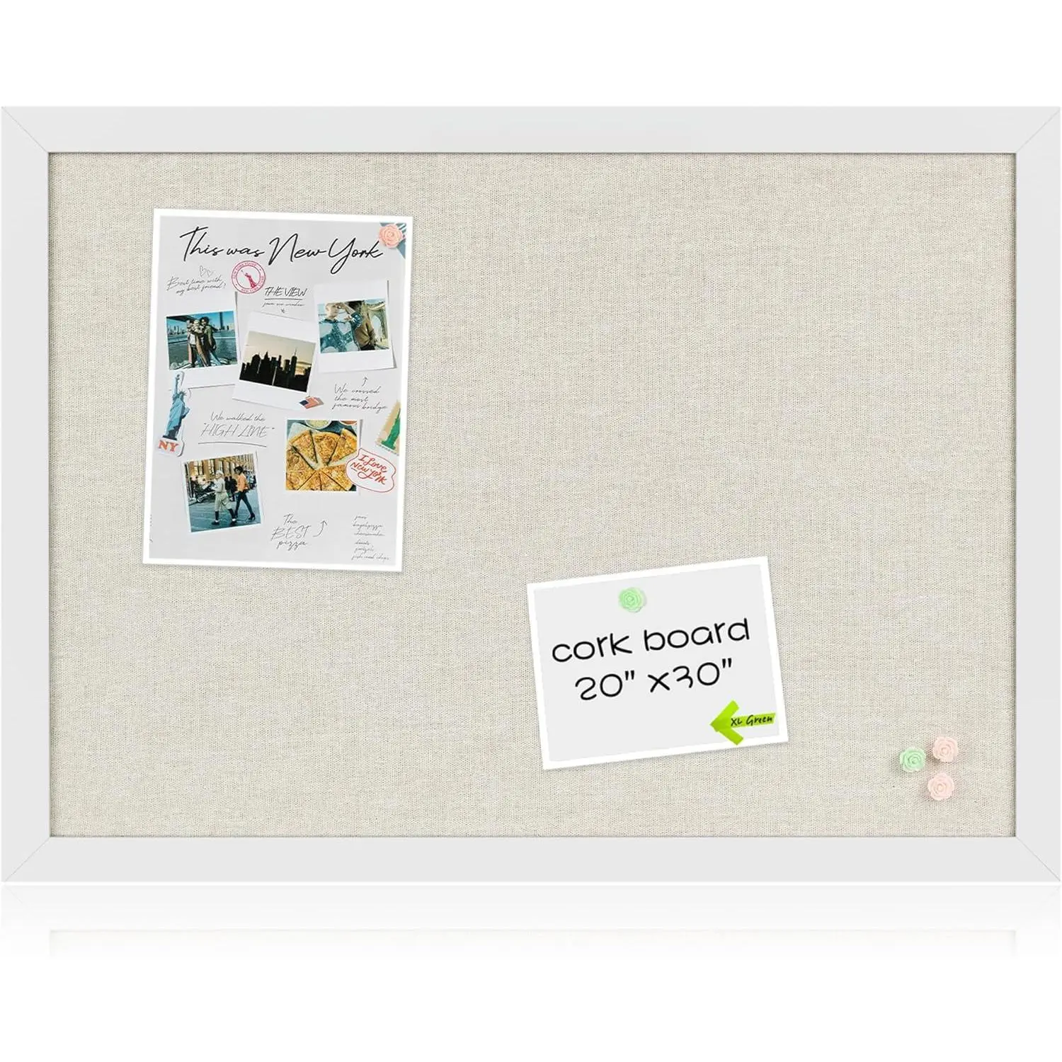 White Cork Board Bulletin Board with Linen, Wood Framed 30" x 20" Corkboard, Office Board for Wall Decor, Wall Mounted Pin Board Picture Board with 20 Pushpins for School, Home & Office