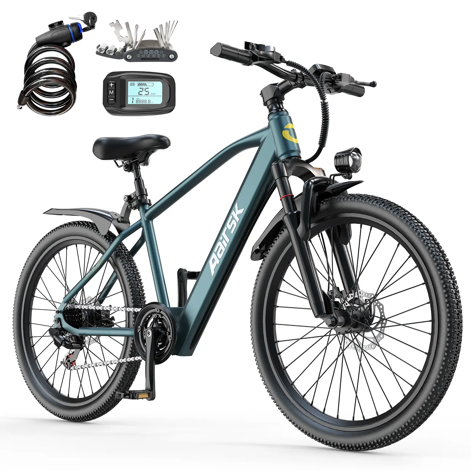 Aairsk GT300 Folding Electric Bike - 26"/24" Wheels, 25 mph Speed, 10Ah Battery, 750W Peak Motor, 21 Speeds, Dual Suspension, 40 mi Range, Pedal Assist, Adjustable Seat, Commuter Ebikes for Outdoor Travel, Father's Day Gift, Folding Bike, 750 Watts Pedals