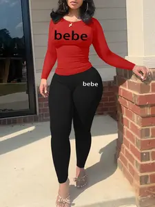 bebe letter print Women's Fall Winter Fashion Two-Piece Set, Casual Sporty Long Sleeve Pants, Simple Mix-And-Match Style, Daily Comfort Essential, Streetwear Tracksuit Set, Sweat Set