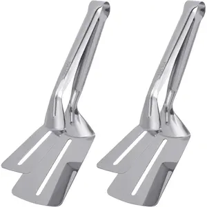 Steak Clamps, 3-in-1 Cooking Tong, Double Sided Spatula, 10 inch Multifunctional Stainless Steel Food Flipping Spatula Tongs Clip for Beefsteak Bread Hamburger BBQ Meats Pizza Pies Bread Fish (2 Pack)