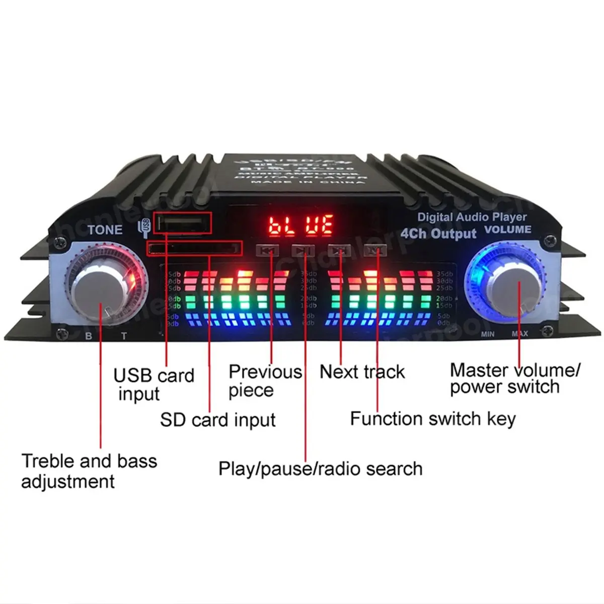 4-Channel Bluetooth Car Receiver Amplifier - 1600W Peak Power Digital HiFi Audio Device, 20Hz-20kHz Frequency Response, Bass & Treble Adjustment, Karaoke Player, FM Radio, USB, Adapter, Memory Card Support, Remote Control, Receiver Amplifier Bluetooth