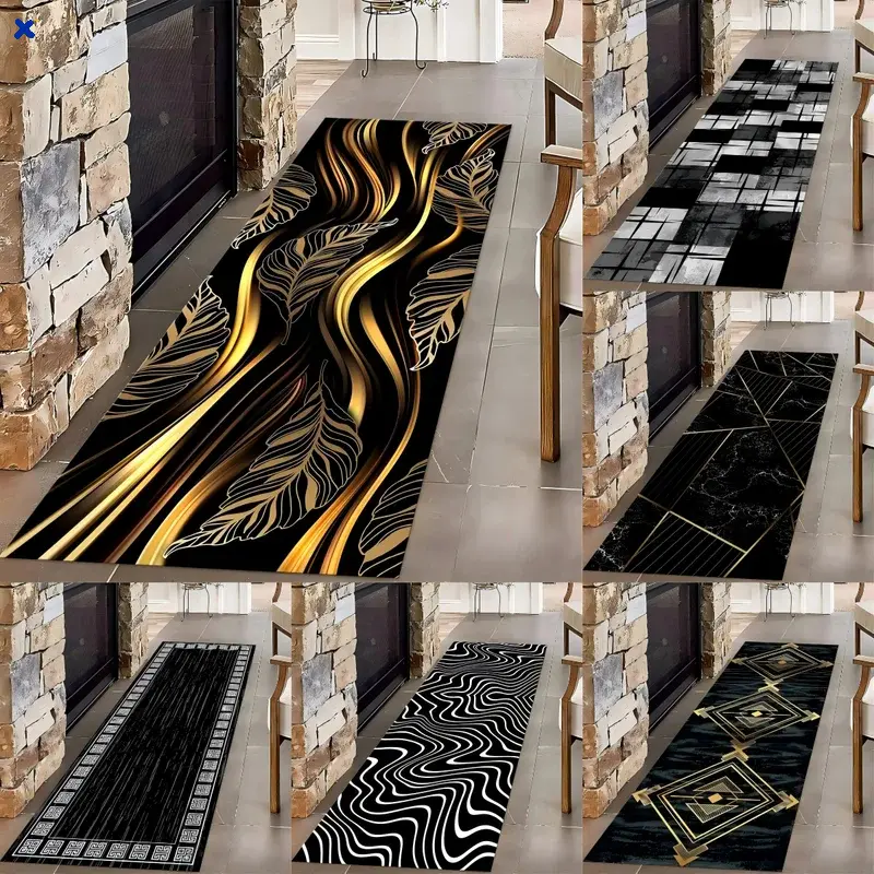 Black Gold Marble Hallway Runner Rug Luxury Abstract Gold Leaf Carpet Non Slip Washable Floor Mat For Bedroom Dining Room