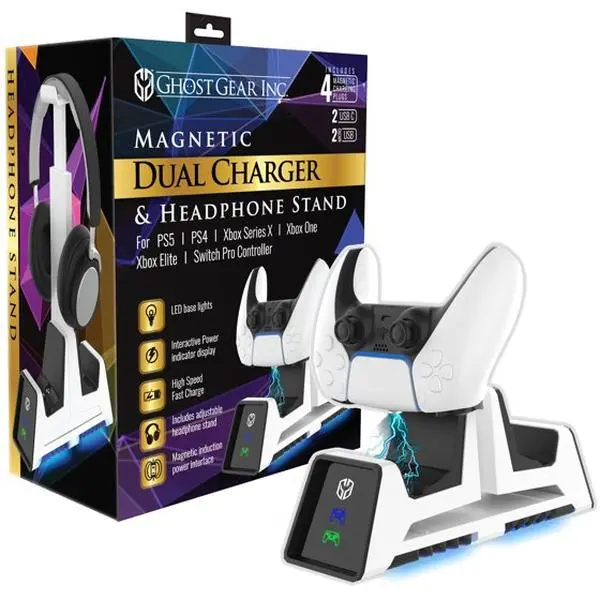 Ghost Gear - PS5 Dual Charger & Headphone Stand [WHITE] - Fast Charging for PS5, PS4, Xbox, Switch Controllers, Magnetic Power Induction Technology