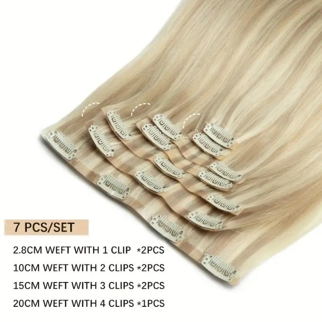 7Pcs Seamless Clip-In Straight Brazilian Remy Human Hair Extensions No Glue PU Clips 12-24 Inch 110-120g Natural Black Brown Blonde Adds Volume Length Quick Transformation Versatile Styling