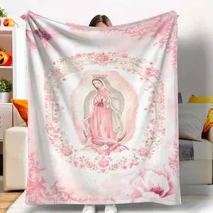 Virgin Mary Floral Flannel Blanket Our Lady of Guadalupe Print Soft Cozy Warm Lightweight Breathable Perfect for Living Room Bedroom Home Decor Religious Gift Spiritual Sanctuary Prayer Room Meditation Space.