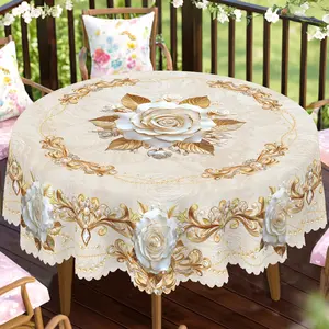 PLUMLIK Elegant Golden Floral Tablecloth, Vintage Flower Pearl Pattern Round Rectangular Table Cover, Suitable for Wedding Mother's Day, Indoor Outdoor Party Decoration,  Holiday Festive Autumn Decor, Kitchen Accessories, Farmhouse Spring Home Decor