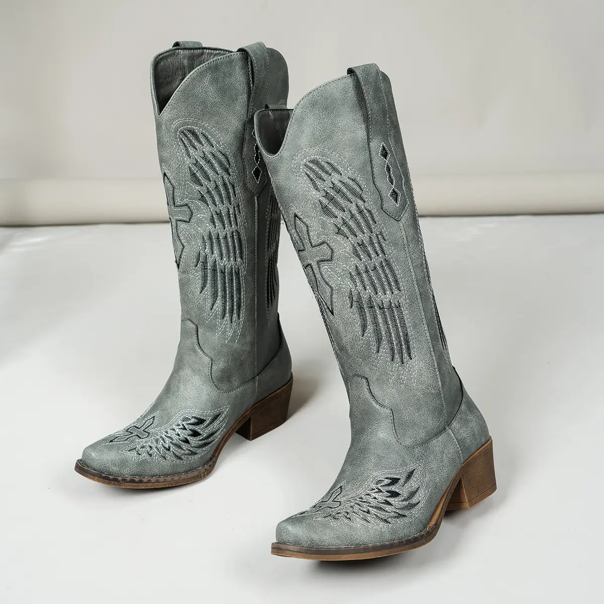 Women's Stylish Western Boots, Tall Wing Embroidered Faux Leather Shoe with a Vintage Distressed Texture and Comfortable Block Heel, Footwear, Design