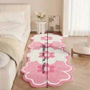Pink flower cream style long bedside carpet petal shape pattern bedroom decoration home decorative rug plush carpet fluffy soft living room study washable carpet cute warm lounge computer table non-slip floor mat Floral Area Rug Flower Pattern Rugs