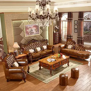 European-style Sofa Solid Wood Leather 123 Combination High-End Leather, Luxury 1+2+3 Seater Complete Sofa Set, Premium Genuine Leather & Solid Wood Frame Classic European Living Room Furniture