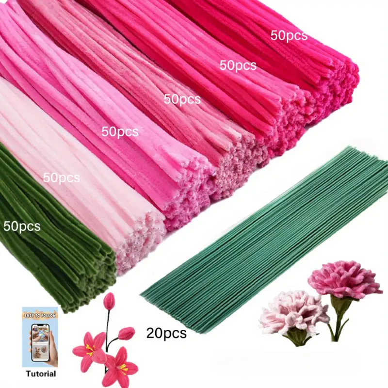 [320-Piece Craft Kit] 300 pieces of chenille stems in various colors and 20 flower stems, perfect for creative gifts and party decorations, DIY Floral Decoration, Artificial Flowers, Craft Supplies