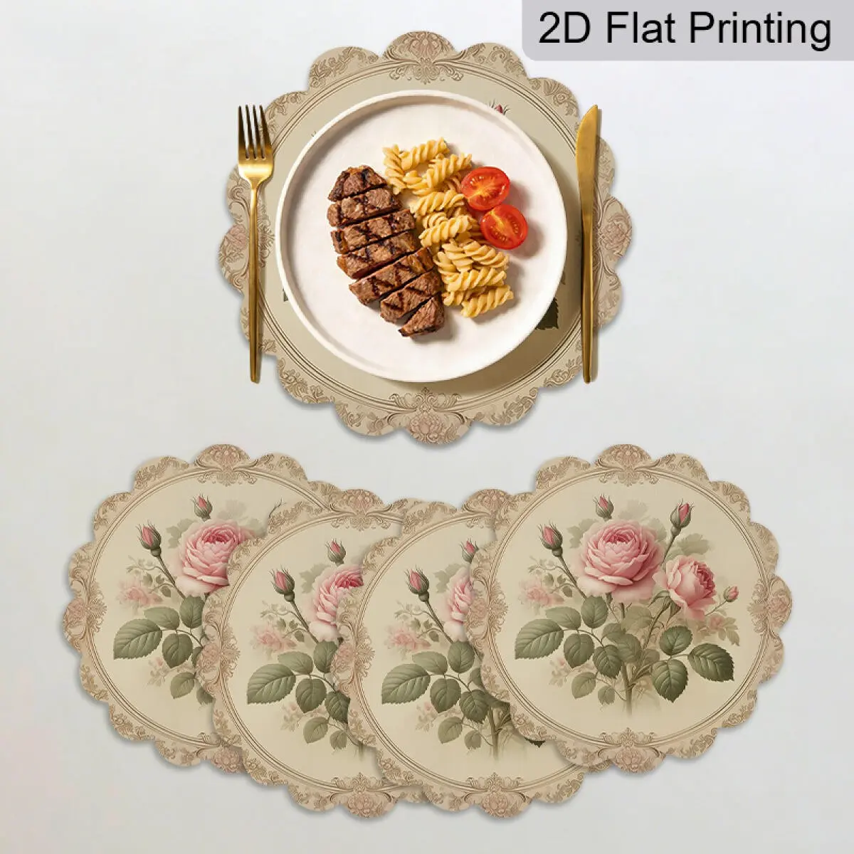 Pink Floral Pattern Placemats, 4pcs/set Washable Dinner Table Mats, Table Pad Mat, Kitchen Decorative Placemat, Household Placemat, Kitchen Gadgets, Placemat for Home Kitchen, Hotels, Cafes, Dining Room or Wedding Party, Valentine's Day Gift, Home Decor