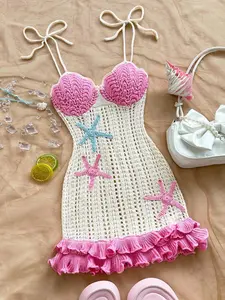 Summer Beach Crochet Dress For Women, Hollow Out Knitted Mini Dress With Starfish Embroidery, Pink Ruffle Hem Spaghetti Strap Tie Back Swimwear Cover Up, Y2K Coquette Aesthetic Outfit For Vacation Pool Party And Holiday