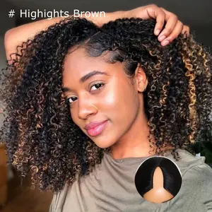 UNice EasiContour V Part Jerry Curly Wig Glueless Blend Natural Human Hair Wigs Beginner Friendly Natural Scalp Daily Using for Women
