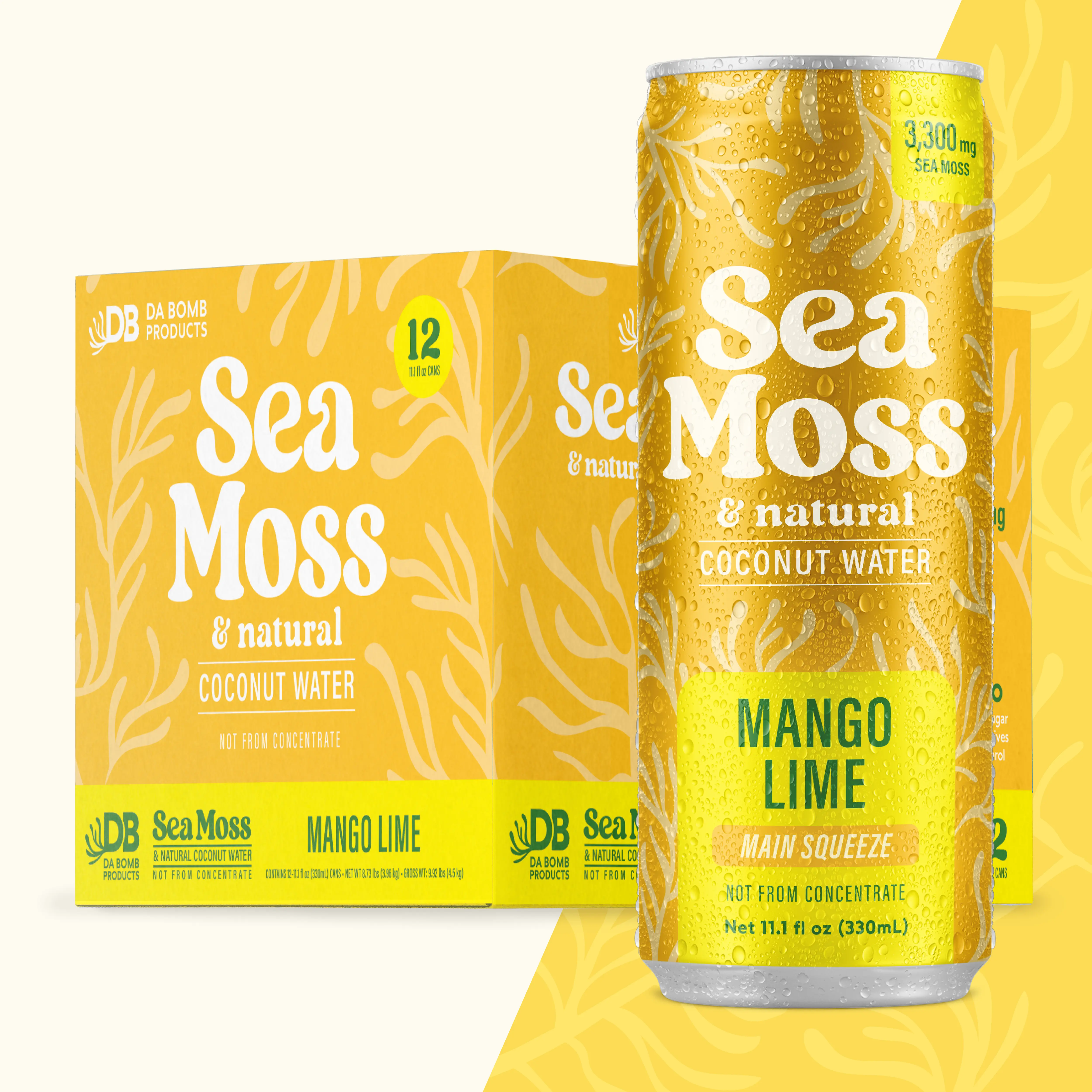 Da Bomb Sea Moss Coconut Water Drink, 4-Pack 11.1 fl oz Cans, 3300 mg Sea Moss, Plant Based Electrolyte, No Added Sugar, Non-GMO, Dairy Free, Gluten Free, Mango Lime, Grab and Go, Healthy On-The-Go, Hydration Hack