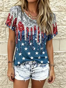 Blue Star Sequin Print Short Sleeve T-Shirt, American Retro Style, Breathable Comfort Loose V-Neck Top, Summer Independence Day Party