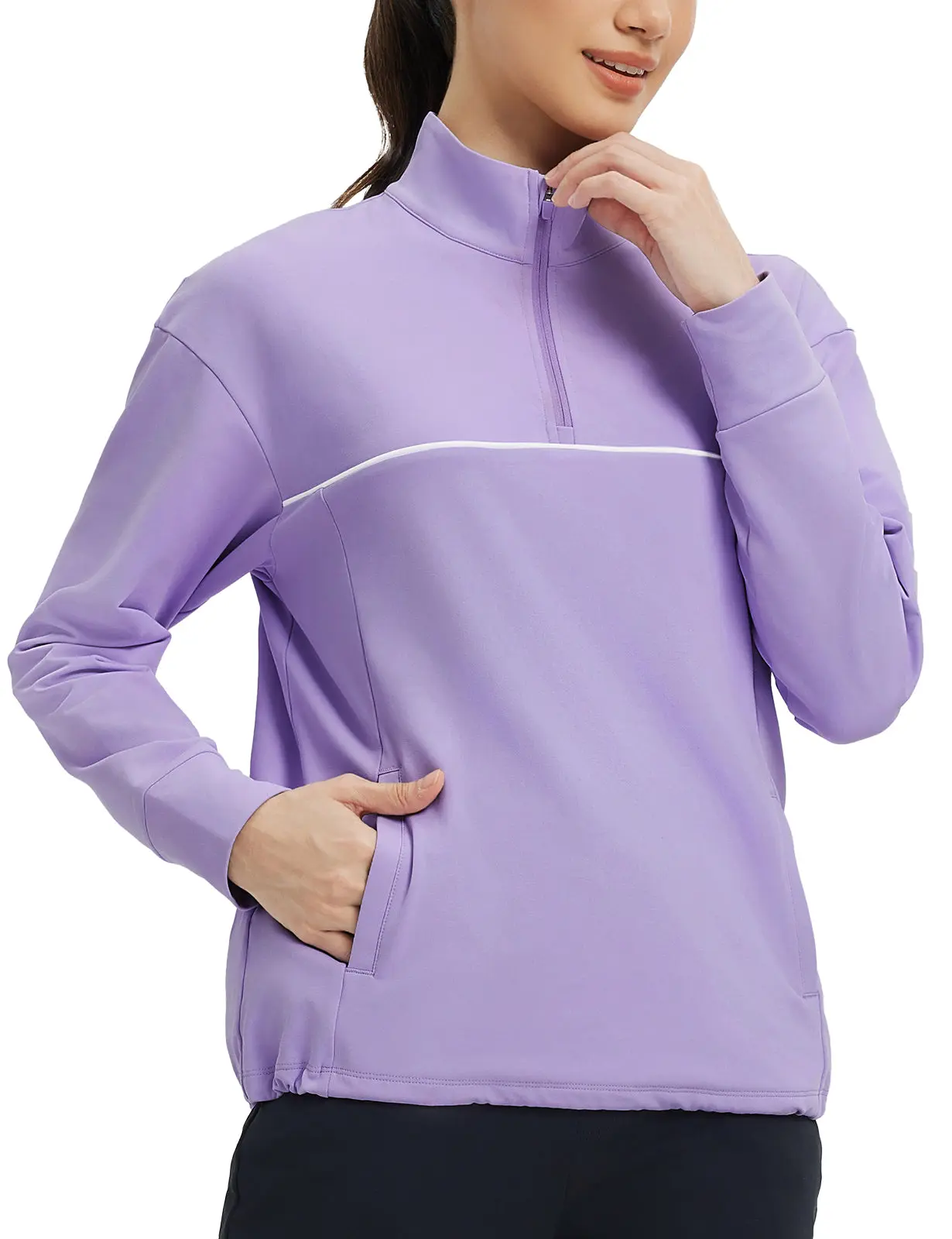 baleaf Women's Half-Zip Fleece Pullover, Thermal Drop Shoulder Top with 2 Front Pockets, Water Resistant for Running & Skiing