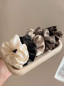 5pcs Classic Black, White & Brown High-Quality Satin Scrunchies, 3.35 Inch Diameter, Suitable For Buns, Ponytails, Daily Wear, Travel, Beach, Gifts Head Accessories Hair Ties Ponytail Holders Car Bathroom Hair Accessories
