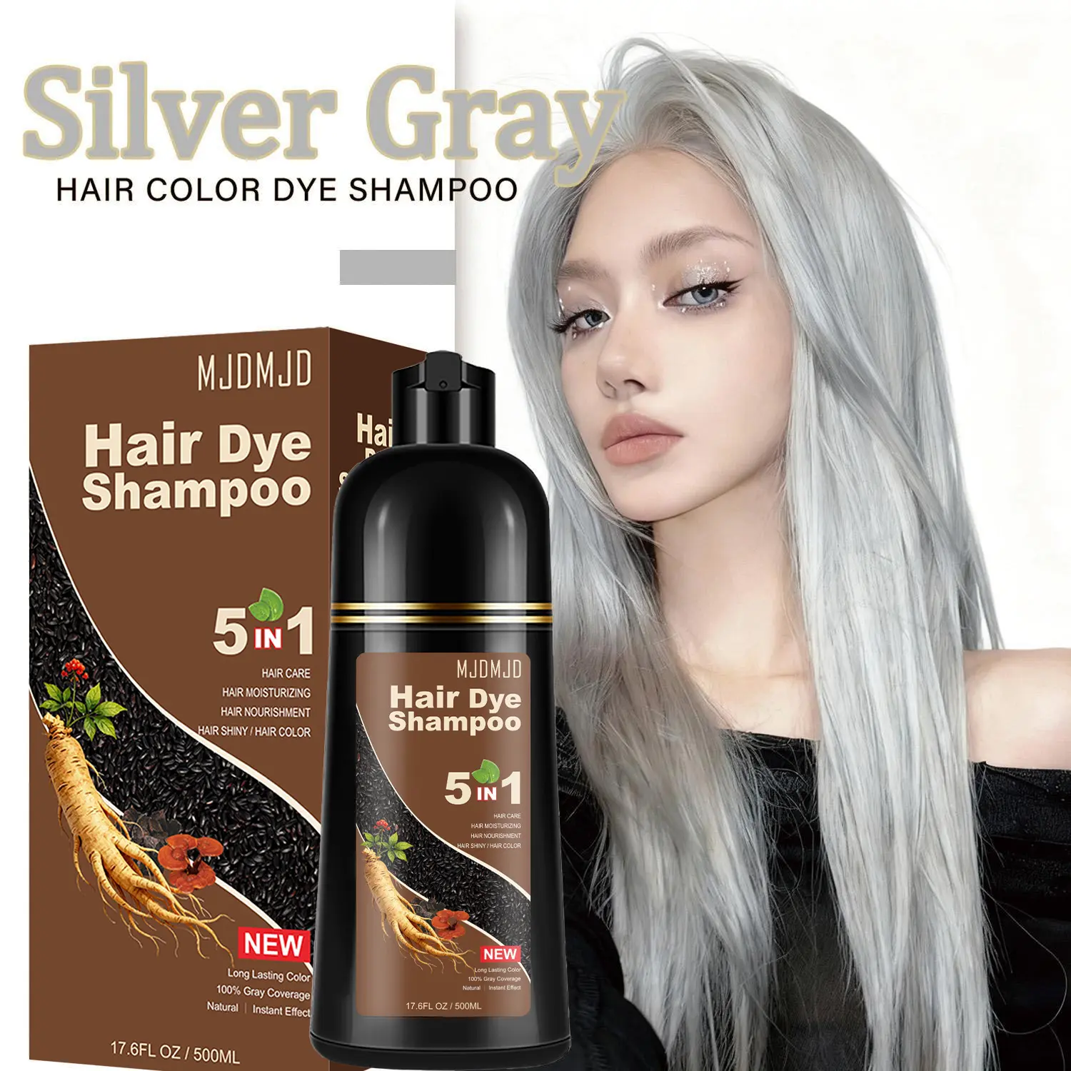 Instant Silver Gray Hair Color Shampoo (5 in 1), 16.9 Fl Oz, Long Lasting, Unscented, Natural Dye Shampoo for Women Men, Vegan Ammonia Free Hair Shampoo, Paraben-Free & Hypoallergenic Conditioner Haircare