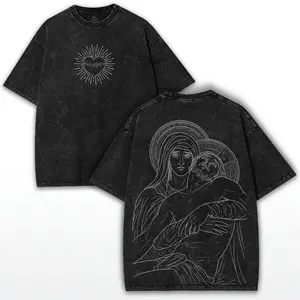 valentine shirts Virgin Mary Oversized Tee: Washed Black Sacred Heart & Pietà Print